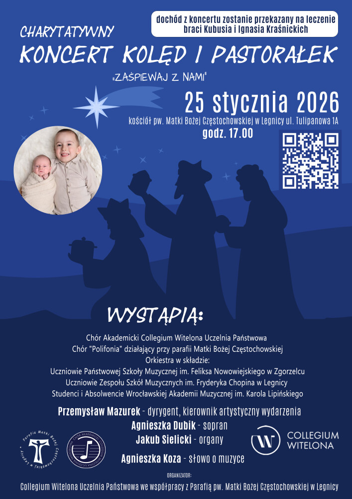 Plakat zapowiadający charytatywny „Koncert kolęd i pastorałek - Zaśpiewaj z nami”.