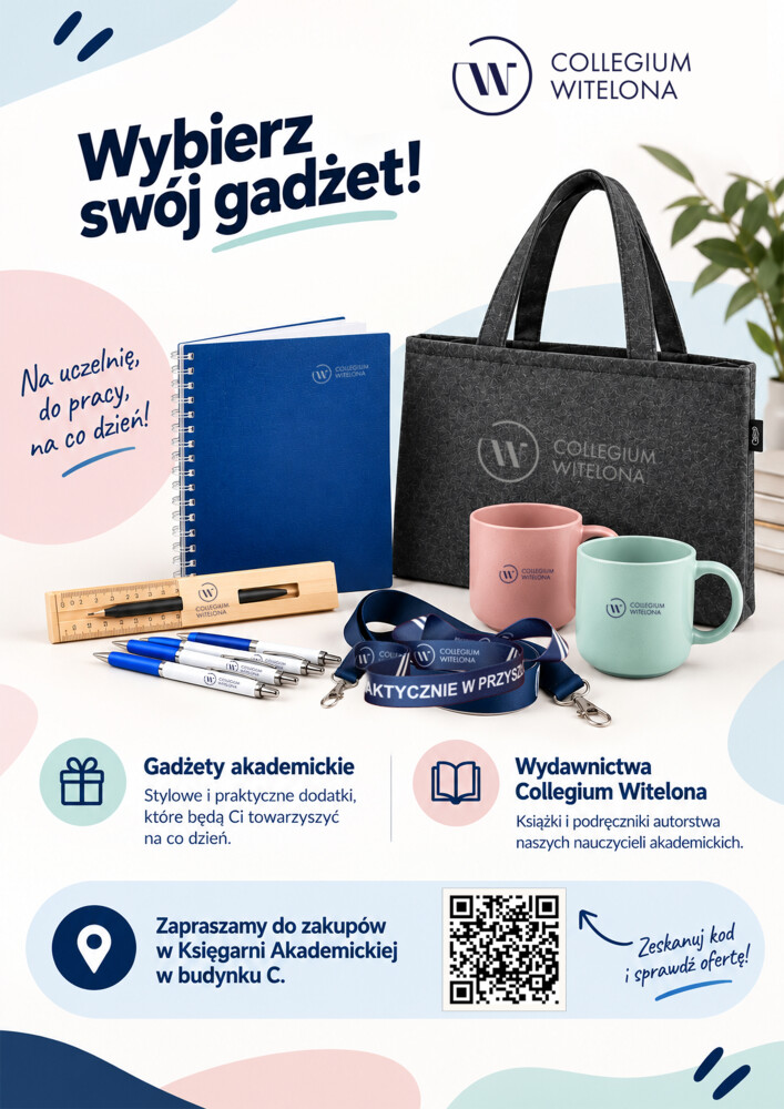 Plakat informujący o możliwości zakupu gadżetów reklamowych w księgarni akademickiej w budynku C